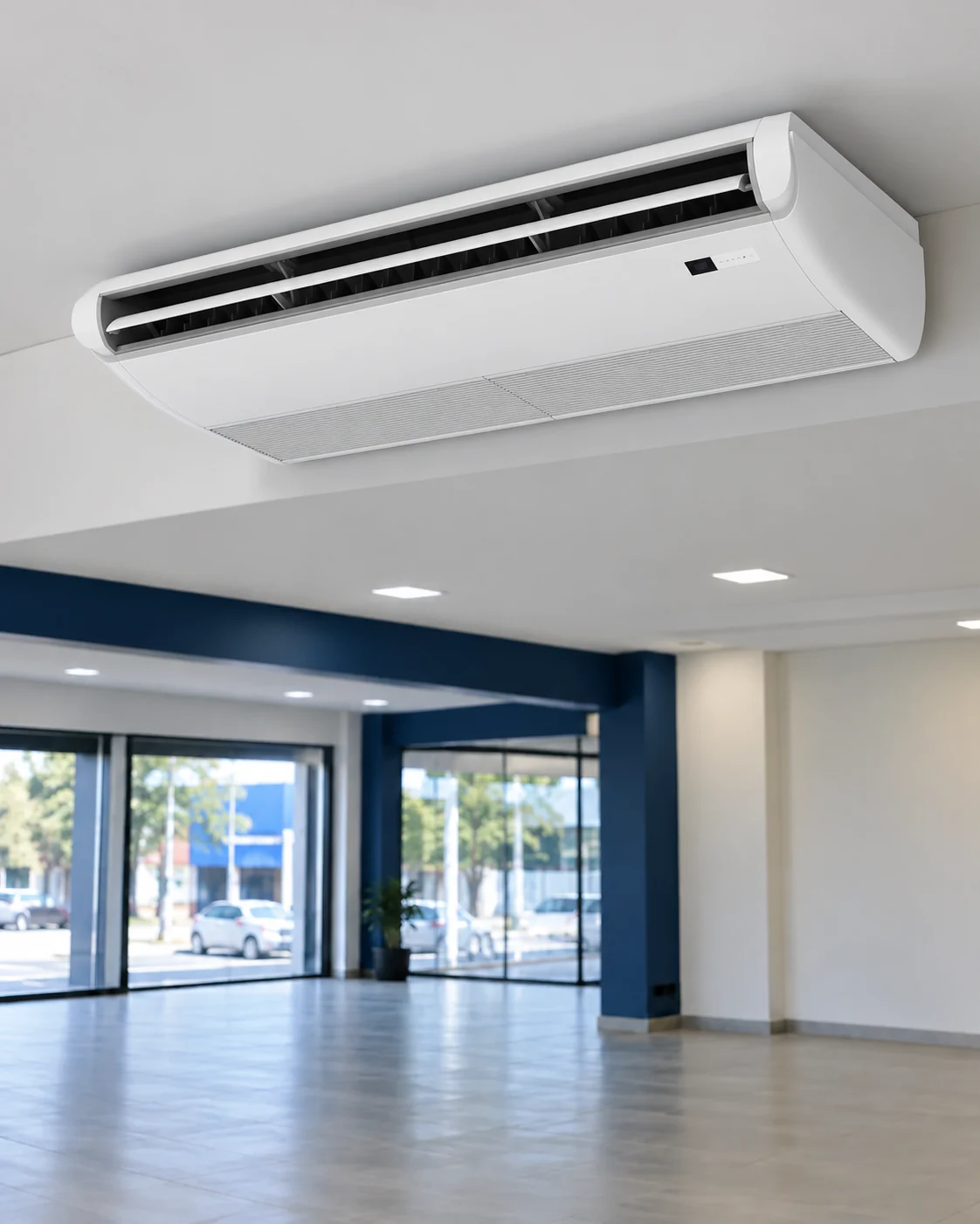 Ar-condicionado piso teto instalado em um ambiente comercial amplo