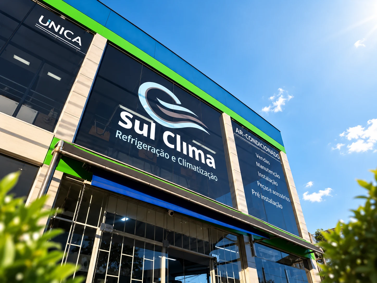 Fachada azul e verde da Sul Clima, com a marca na vitrine